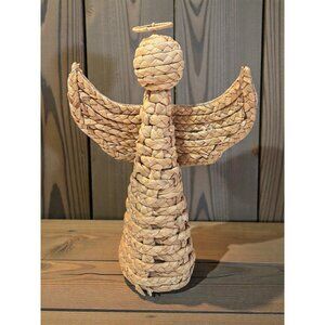 Handwoven Seagrass  Angel Tree Topper Figurine With Burlap Wings 13" Rustic Home